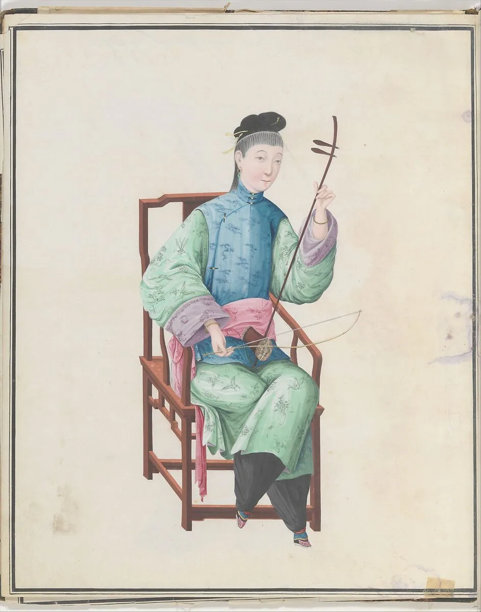 Watercolor of musician playing gaohu(?) — Unknown
