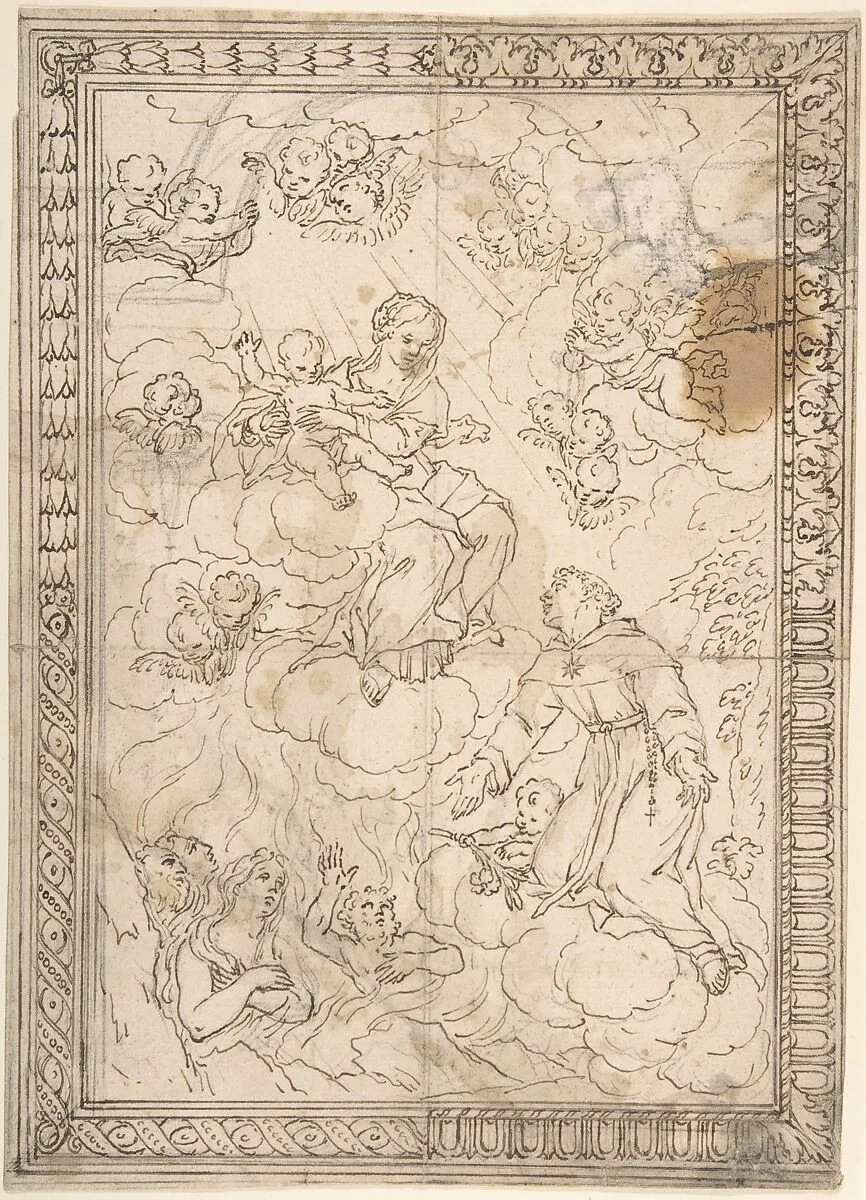 Kneeling Saint and Lost Souls before the Madonna and Child, with Four Alternate Border Designs — Anonymous, Italian, 17th century
