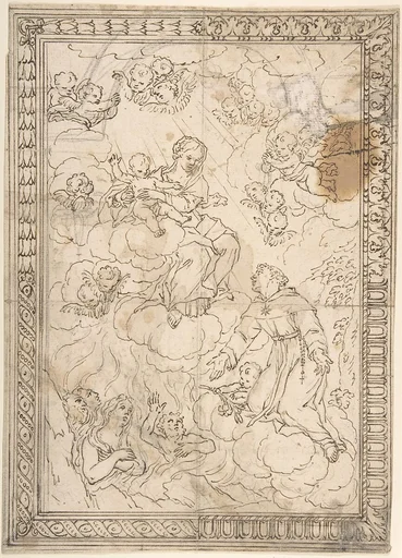 Kneeling Saint and Lost Souls before the Madonna and Child, with Four Alternate Border Designs