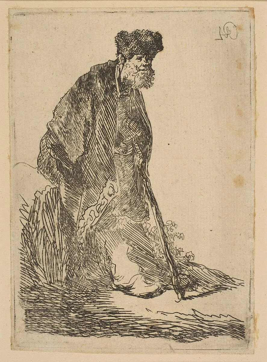 Man in a Cloak and Fur Cap, Leaning against a Bank — Rembrandt (Rembrandt van Rijn)