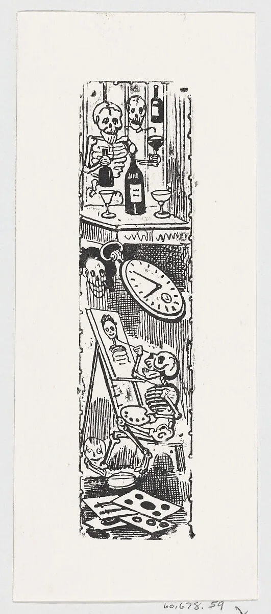 A skeleton painting and another skeleton holding a bottle of liquor, from a broadside entitled 'Aqui esta la calavera del editor popular' — José Guadalupe Posada|José Sanchez