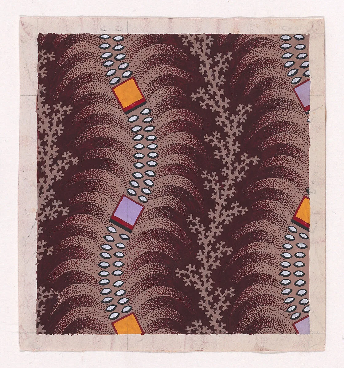 Textile Design with Undulating Vertical Strips of Squares Joined by Lens-Shaped Pearls over Undulating Stylized Palm Leaves Separated by Vertical Garlands of Branches — Anonymous, Alsatian, 19th century