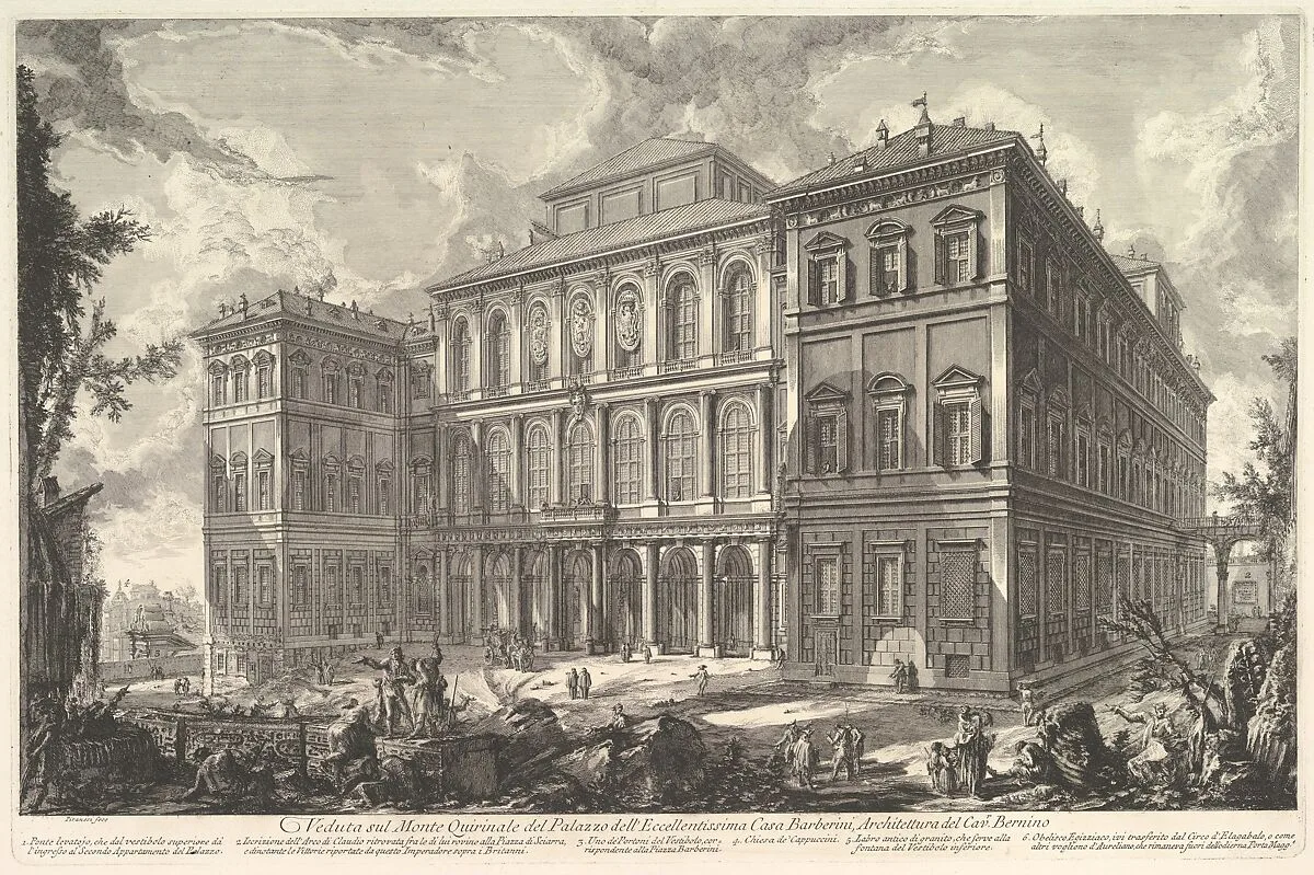 View of the palace of the illustrious Barberini family on the Quirinal Hill, designed by Cavaliere Bernini, from Vedute di Roma (Roman Views) — Giovanni Battista Piranesi