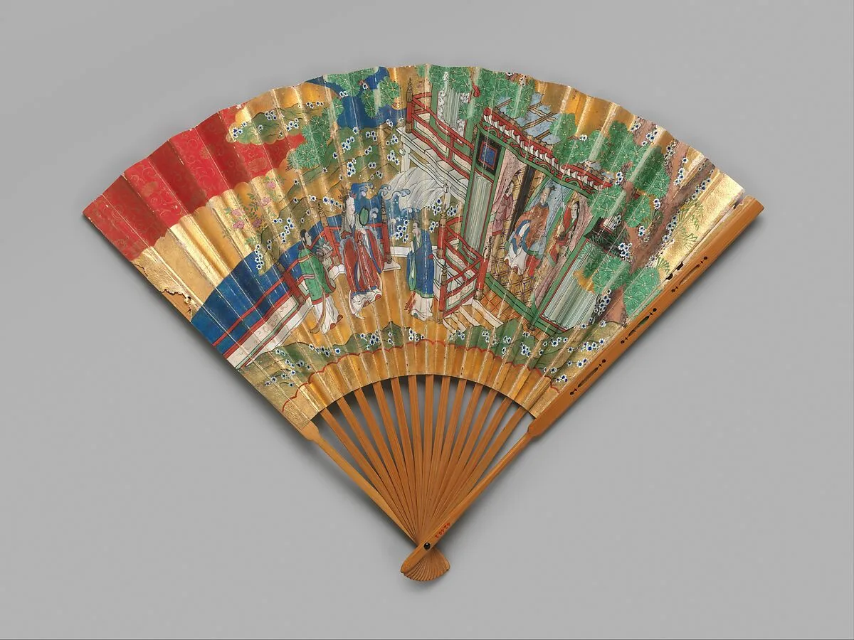 西王母穆王・梅若松図中啓|Chūkei Fan with Queen Mother of the West and King Mu of Zhou (obverse) and Plum Tree and Young Pines (reverse) — Unknown