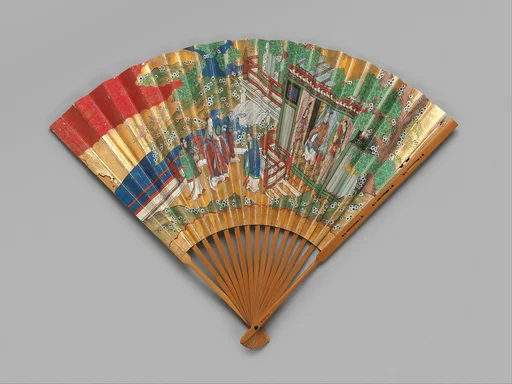 西王母穆王・梅若松図中啓|Chūkei Fan with Queen Mother of the West and King Mu of Zhou (obverse) and Plum Tree and Young Pines (reverse)