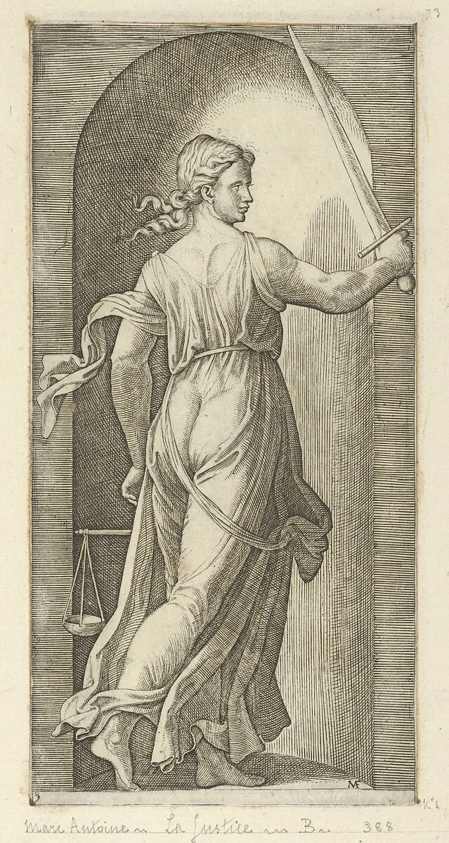 Justice personified by a young woman holding a sword in her raised right hand, scales in her left, from 'The Virtues' — Marcantonio Raimondi|Raphael (Raffaello Sanzio or Santi)