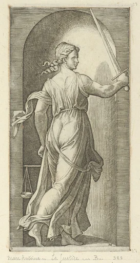 Justice personified by a young woman holding a sword in her raised right hand, scales in her left, from 'The Virtues'
