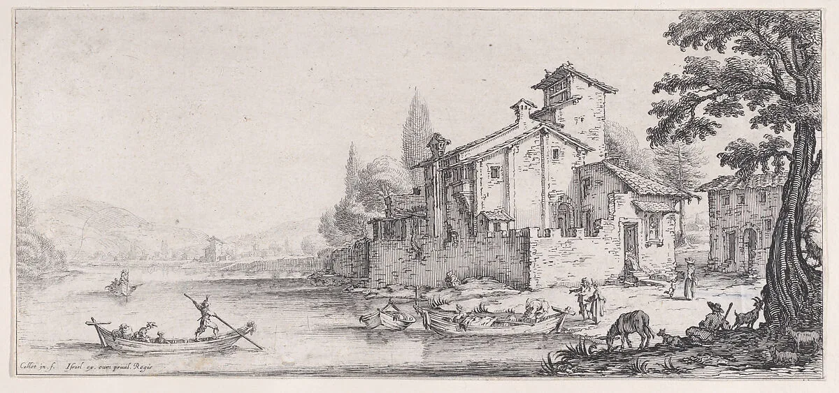 La Promenade sur L'Eau (The Walk by the Water), from Paysages Gravés pour Jean de Médicis appelées aussi Paysages Dessinés a Florence, Vues de Florence, Paysages d'Italie, et Paysages Définitifs (Landscapes Engraved for Giovanni de'Medici, Landscapes Designed in Florence, Views of Florence, Landscapes of Italy, and Definitive Landscapes) — Jacques Callot|Don Giovanni de' Medici|Israël Henriet