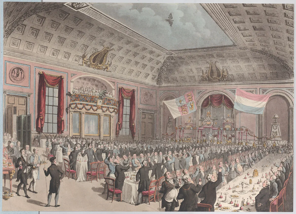 Dinner in Celebration of the Emancipation of Holland from France, City of London Tavern, Bishopsgate, December 14, 1813 — Thomas Rowlandson|Richard Reeve|J. Shepherd|Rudolph Ackermann, London