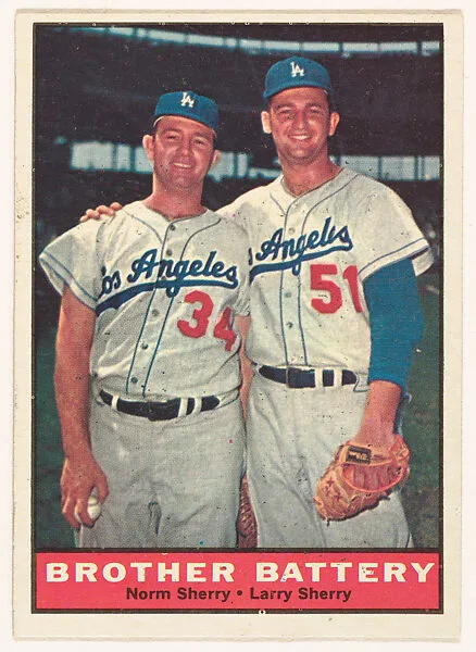 Brother Battery: Norm and Larry Sherry, from the "1961 Topps Regular Issue" series (R414-20), issued by Topps Chewing Gum Company. — Topps Chewing Gum Company