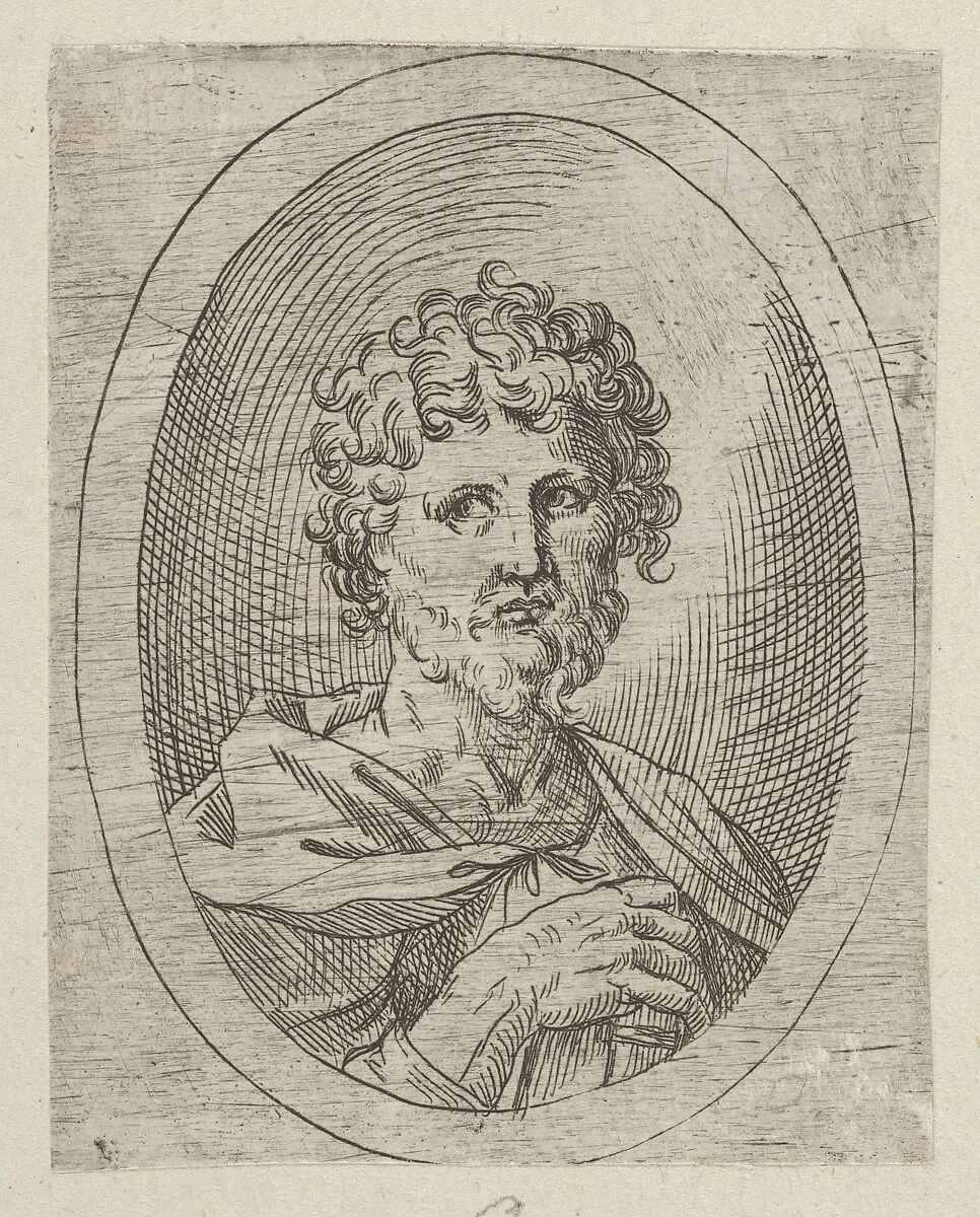 An apostle with a short beard holding a closed book, from "Christ, the Virgin, and Thirteen Apostles" — Guido Reni|Anonymous, 17th century