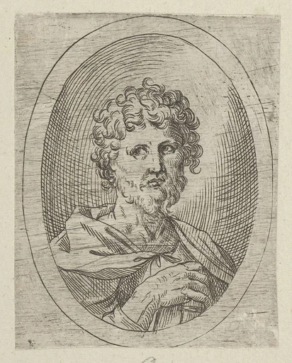 An apostle with a short beard holding a closed book, from "Christ, the Virgin, and Thirteen Apostles"