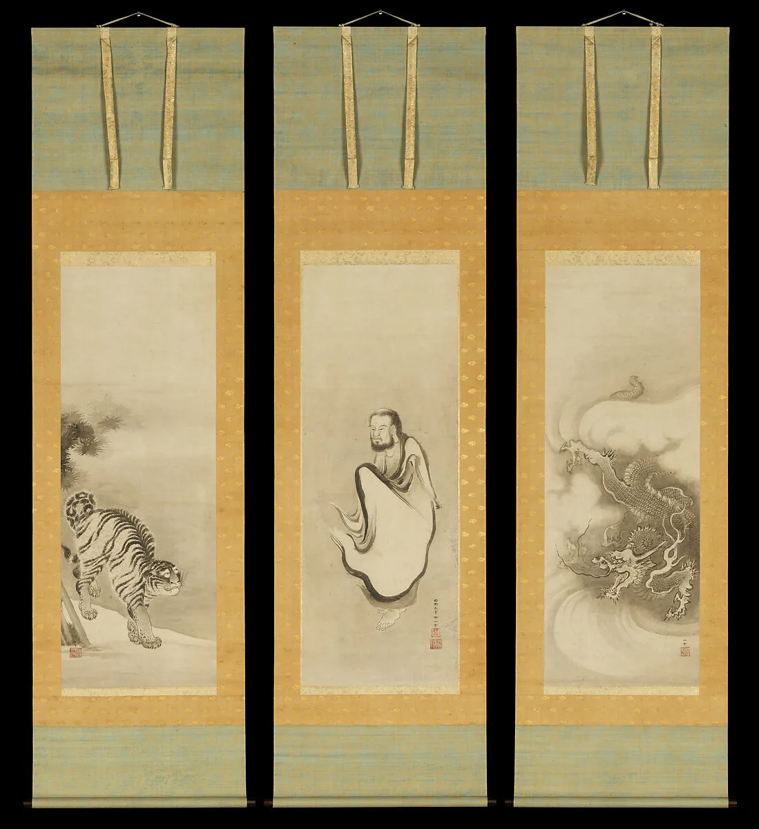 出山釈迦・竜虎図|Shakyamuni Emerging from the Mountains, with Dragon and Tiger — Kano Sansetsu 狩野山雪