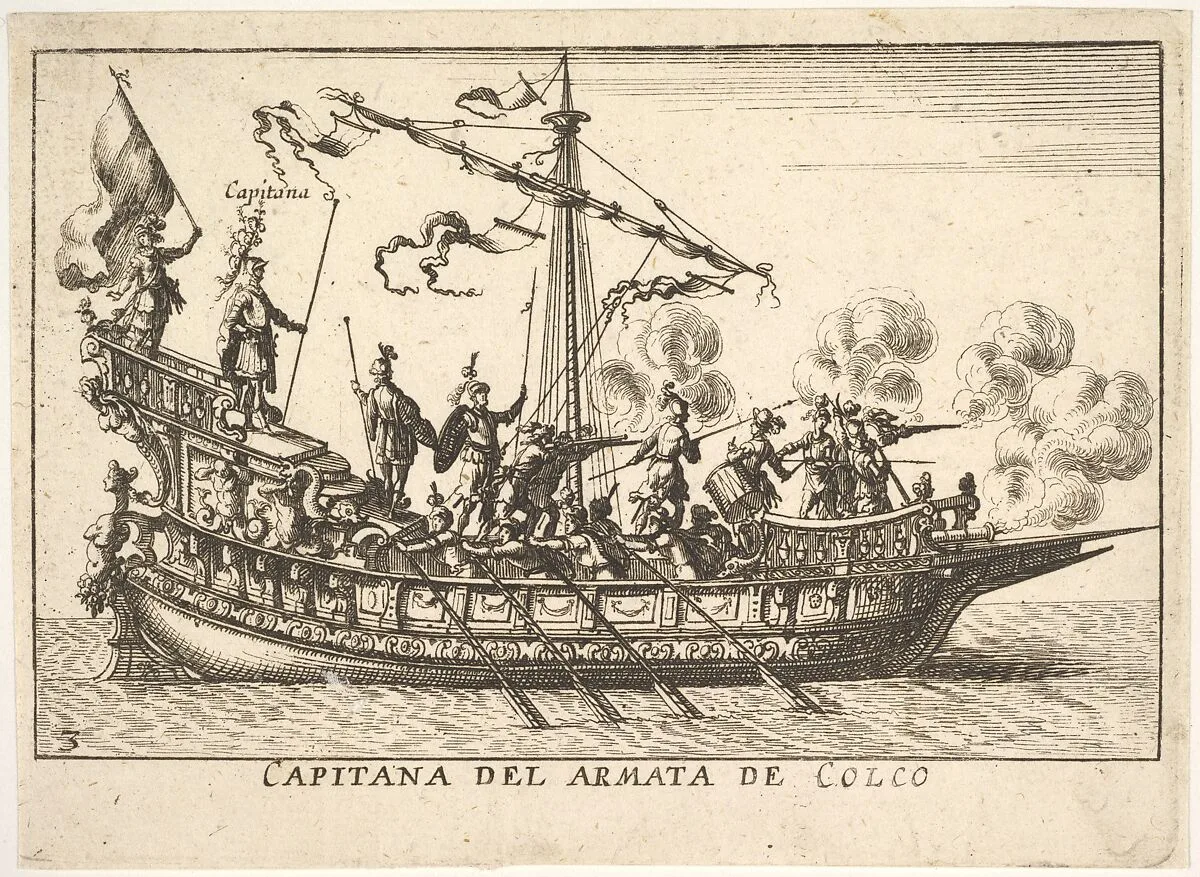Plate 3: Captain of the army of Chalchis (Capitana del armata de Colco), from the series 'The magnificent pageant on the river Arno in Florence for the marriage of the Grand Duke' (Le Magnifique carousel fait sur le fleuve de l'Arne a Florence, pour le mariage du Grand Duc), for the wedding celebration of Cosimo de' Medici in Florence, 1608 — Giulio Parigi|Anonymous|Remigio Cantagallina|Jean Sauvé