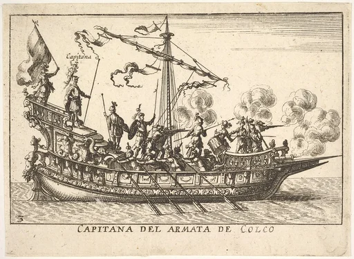 Plate 3: Captain of the army of Chalchis (Capitana del armata de Colco), from the series 'The magnificent pageant on the river Arno in Florence for the marriage of the Grand Duke' (Le Magnifique carousel fait sur le fleuve de l'Arne a Florence, pour le mariage du Grand Duc), for the wedding celebration of Cosimo de' Medici in Florence, 1608