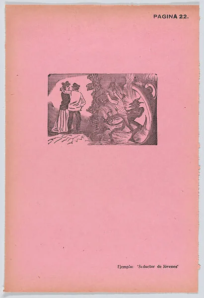Page 22: a man with his arm around a woman, demons terrorising another man at right, from '36 Grabados' (Mexico, 1943) — Arsacio Vanegas Arroyo|José Guadalupe Posada
