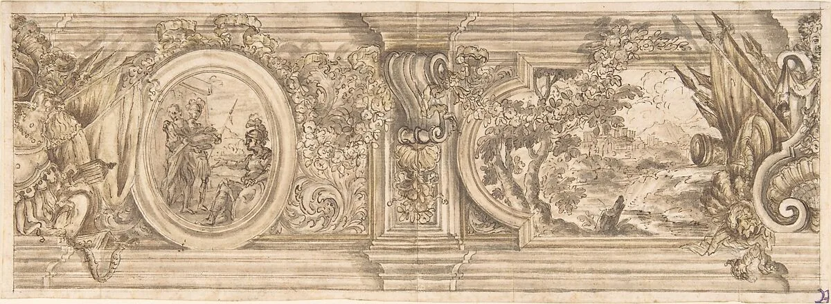 Architectural Design with a Decorated Frieze Containing a History Scene and Landscape — Anonymous, Italian, 17th century
