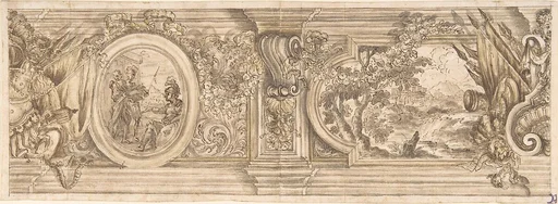 Architectural Design with a Decorated Frieze Containing a History Scene and Landscape