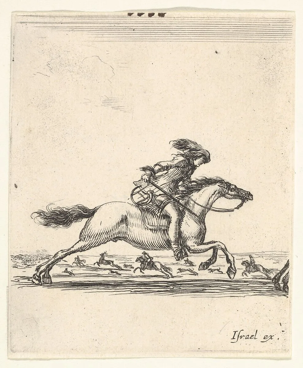 A horseman with sword in hand galloping towards the right, other horsemen galloping towards the left in the background, from 'Various cavalry exercises' (Diverses exercices de cavalerie) — Stefano della Bella