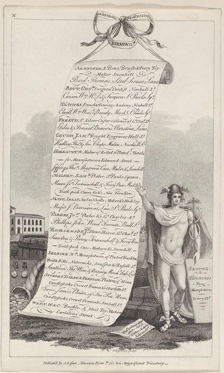 Trade Card for Miscellaneous Professions &c., Birmingham — Francis Eginton|James Bisset|Thomas Hancock|Swinney and Hawkins