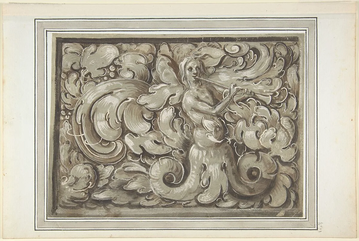 Nymph Playing a Horn (recto); Bracket with a Man's Head (verso) — Anonymous, German, 16th century