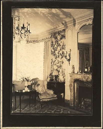 [Living Room Interior, with Chandelier, Floral Print Wall Paper, and Fireplace, Probably Joseph Verner Reed Family Residence]