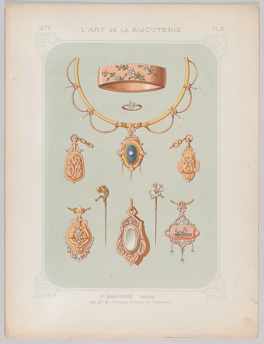 Jewelry Designs in Gold and Rose Gold, Plate 5 from "L'Art de la Bijouterie" — Jean Francois Barousse|Librairie Polytechnique Baudry et Cie.