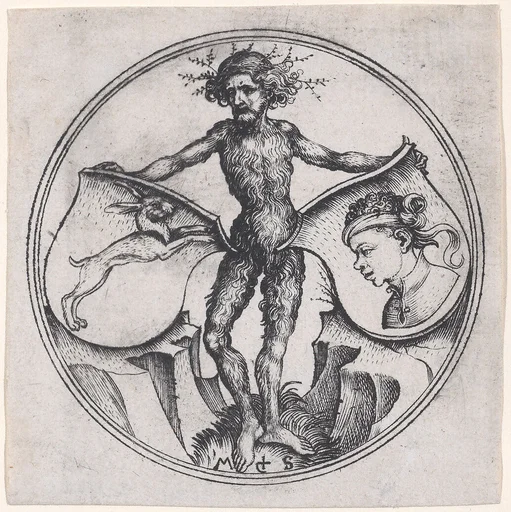 Wild Man Holding a Shield with a Hare and a Shield with a Moor's Head