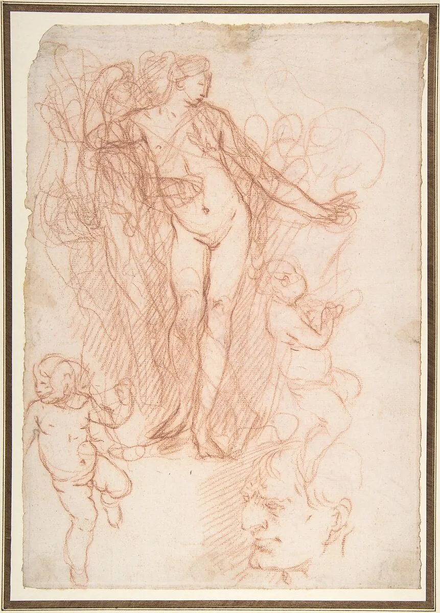 (R.)Figure Studies: Standing Nude Figure, Putti, and a Man's Head (V.) Figure Studies: A Flying and a Standing Man — Giulio Carpioni