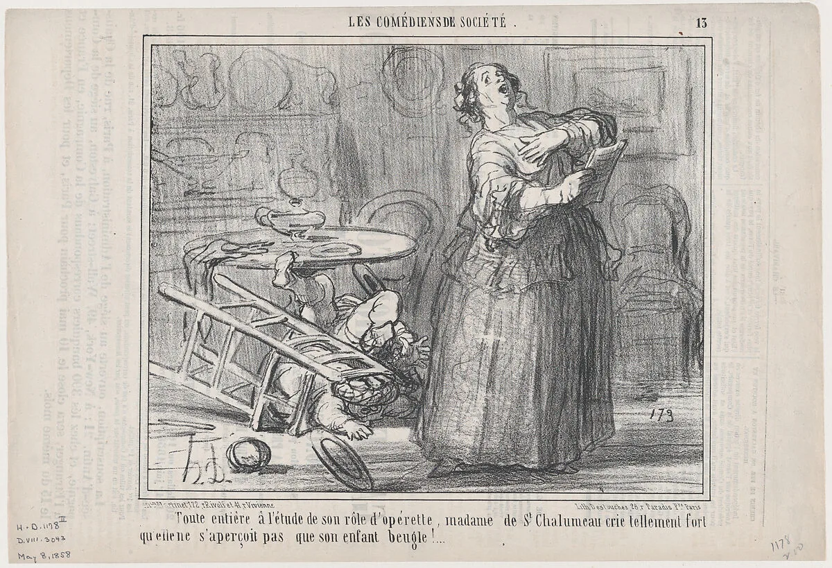 Toute entière à l'étude de son rôle d'opérette..., from Les Comediens de Société, published in Le Charivari, May 8, 1858 — Aaron Martinet|Honoré Daumier|Destouches