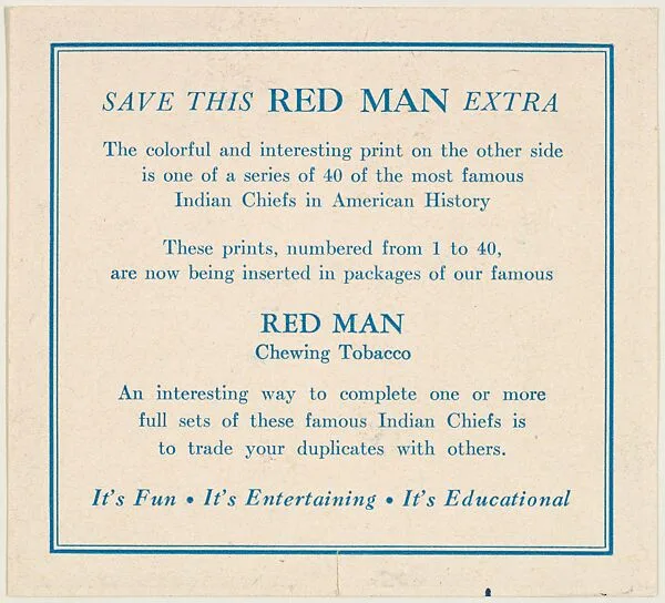 Example of card verso from the Indian Chiefs series (T129) issued by Red Man Chewing Tobacco — Red Man Chewing Tobacco