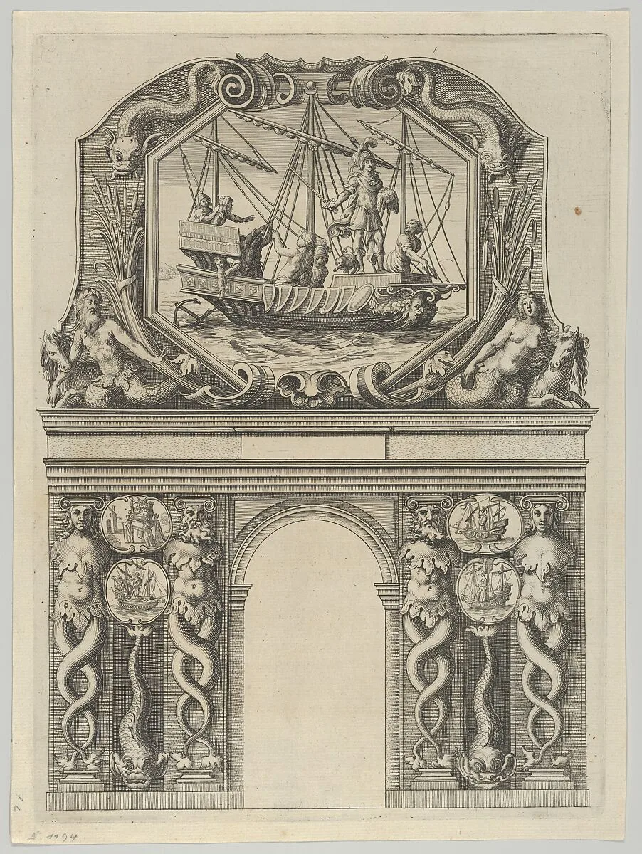 Triumphal arch, from 'Éloges et discours sur la triomphante réception du Roy en sa ville de Paris ...' by Jean-Baptiste de Machault — Pierre Firens I|Melchior Tavernier|Abraham Bosse|Jean-Baptiste de Machault
