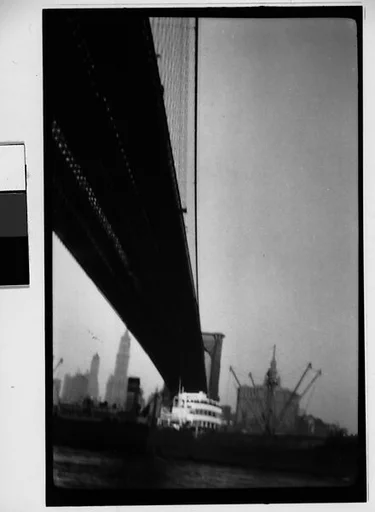 [Underneath the Brooklyn Bridge with Ship on East River, New York City]