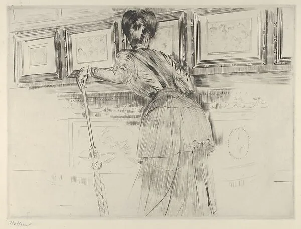 Madame Helleu Looking at the Watteau Drawings in the Louvre — Paul-César Helleu