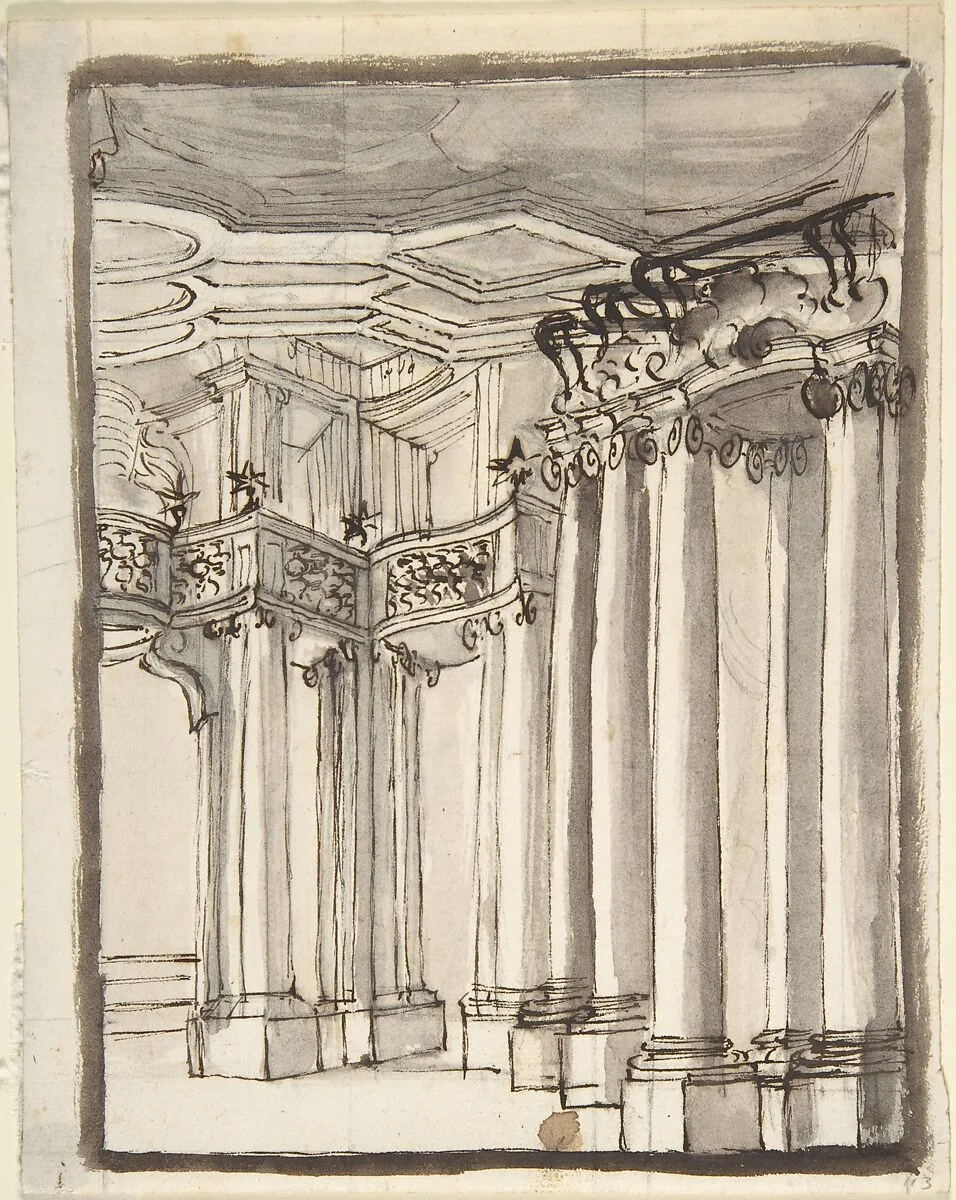 Partial View of an Architectural Interior (recto); Undecipherable Sketches (verso) — Anonymous, Italian, Piedmontese, 18th century