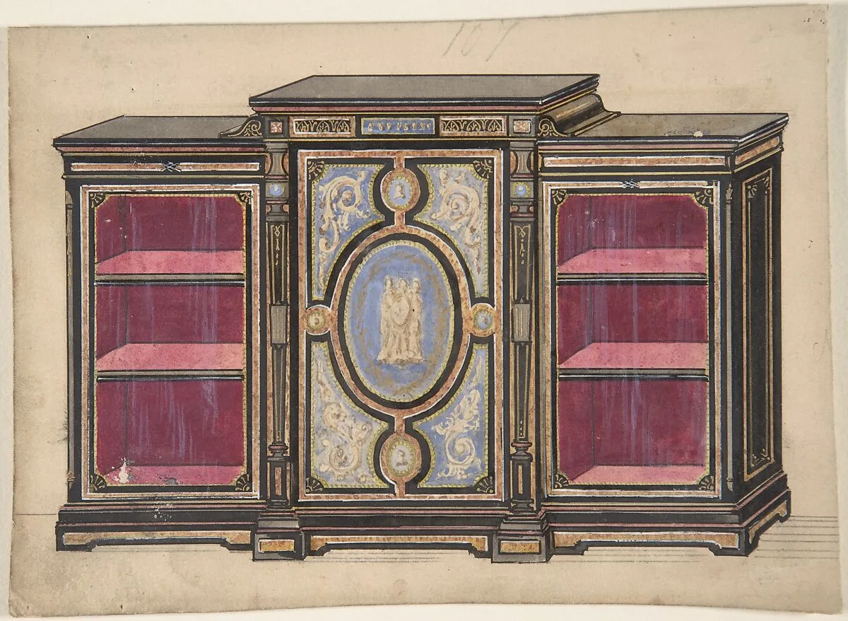 Cabinet Design with Renaissance style Ornament and Red Interior — Anonymous, British, 19th century