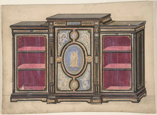 Cabinet Design with Renaissance style Ornament and Red Interior