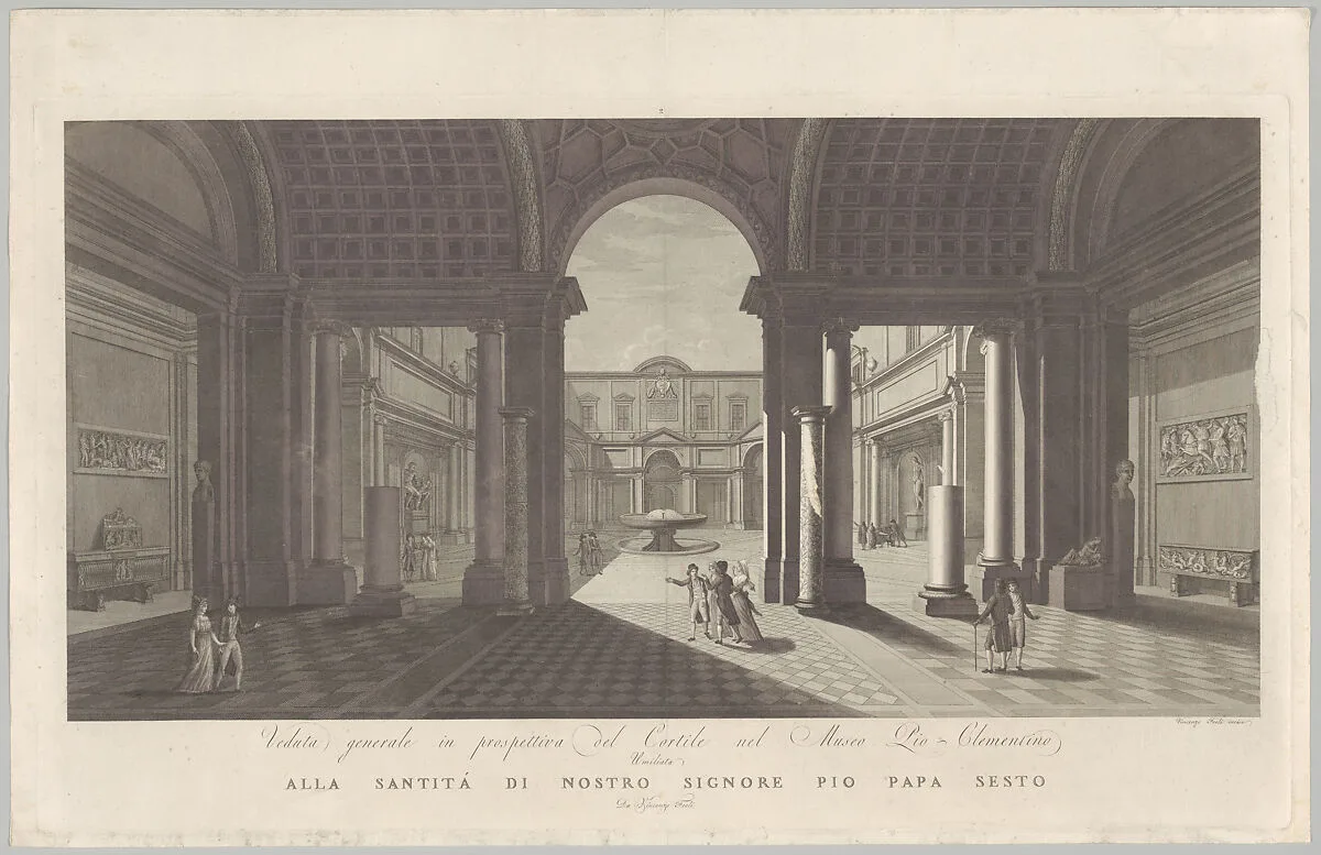 View of the courtyard of the Museo Pio-Clementino, from 'Veduta generale in prospettiva del cortile nel Museo Pio-Clementino' — Vicenzo Feoli