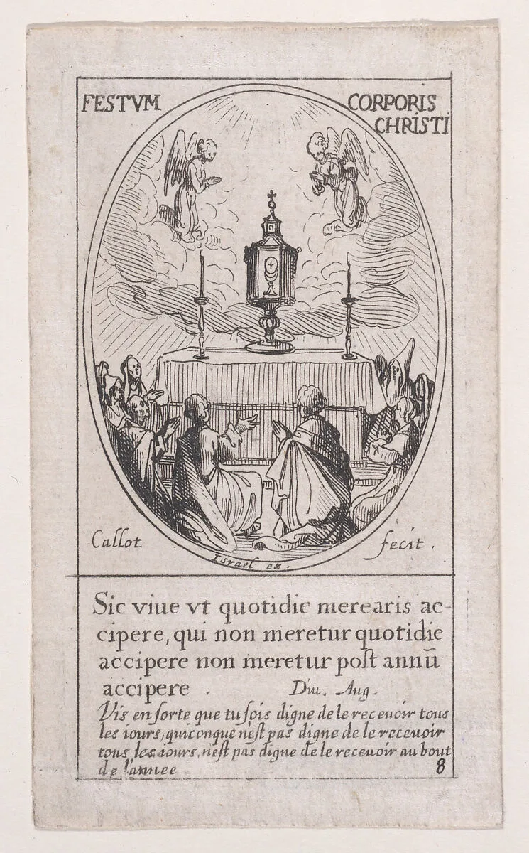 Le Saint-Sacrement de l'autel (The Holy Sacrament of the Altar), Feast of Corpus Christi, from Images des Fêtes Mobiles (Images of Moveable Feasts from the Christian Calendar), part of the series Les Images De Tous Les Saincts et Saintes de L'Année (Images of All of the Saints and Religious Events of the Year), scene 8 — Jacques Callot|Israël Henriet