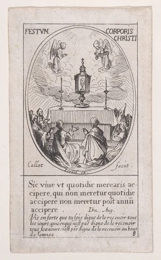 Le Saint-Sacrement de l'autel (The Holy Sacrament of the Altar), Feast of Corpus Christi, from Images des Fêtes Mobiles (Images of Moveable Feasts from the Christian Calendar), part of the series Les Images De Tous Les Saincts et Saintes de L'Année (Images of All of the Saints and Religious Events of the Year), scene 8