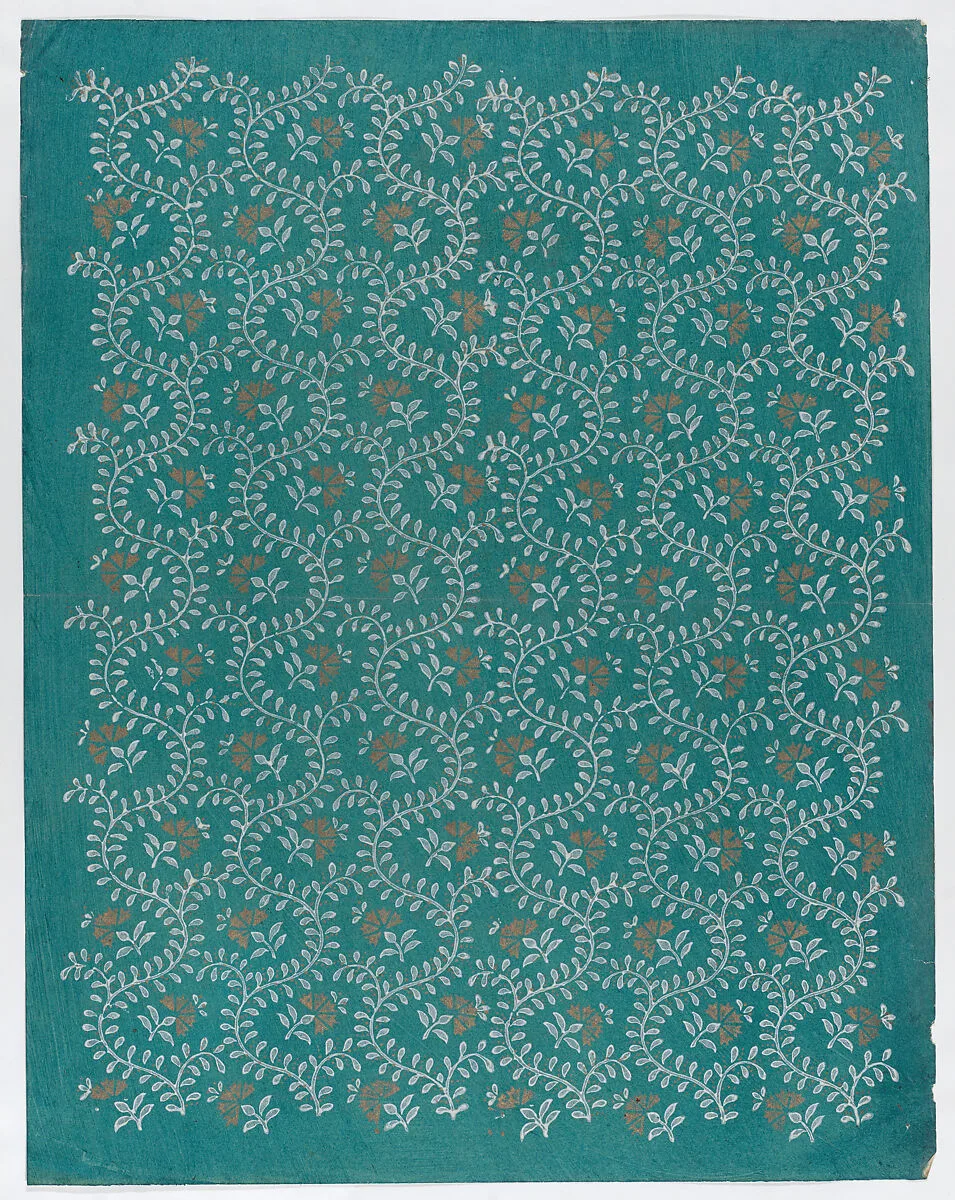 Sheet with meandering vine pattern with gold flowers — Anonymous