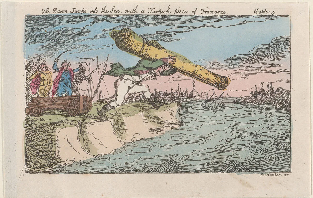 The Baron Jumps into the Sea with a Turkish piece of Ordnance — Thomas Rowlandson|Thomas Tegg