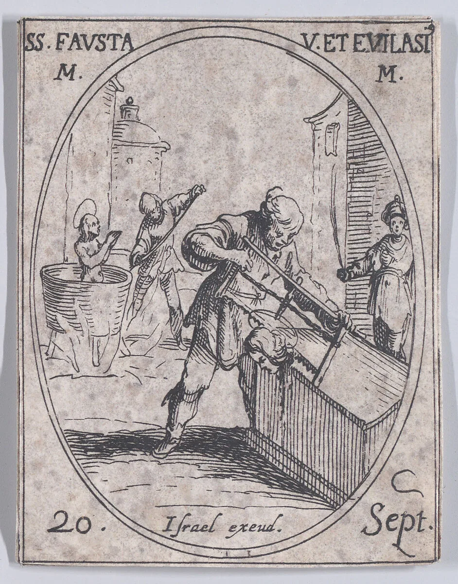 Ste. Fauste et S. Evilase (St. Fausta and St. Evilasius), September 20th, from "Les Images De Tous Les Saincts et Saintes de L'Année" (Images of All of the Saints and Religious Events of the Year) — Jacques Callot|Israël Henriet