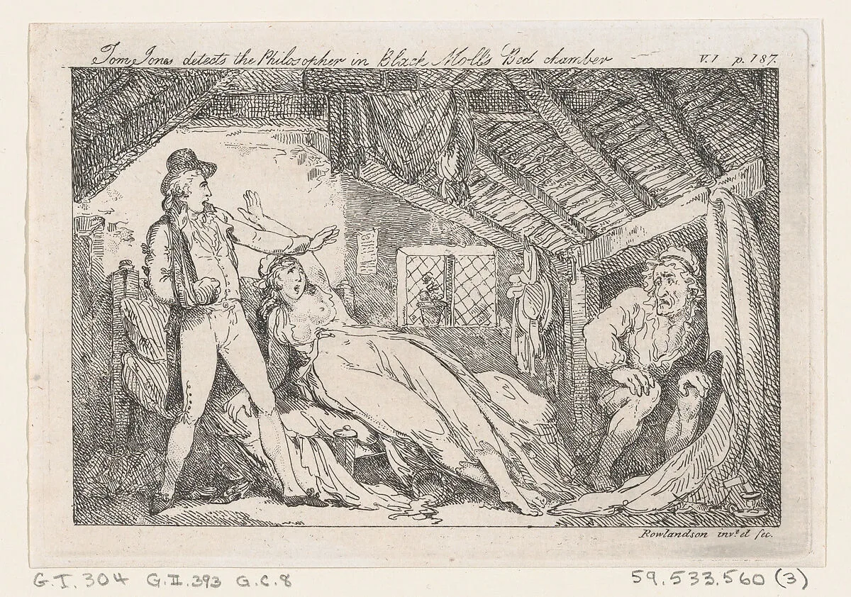 Tom Jones detects the Philsopher in Black Molls Bed Chamber, "The History of Tom Jones, a Foundling" — Henry Fielding|Thomas Rowlandson