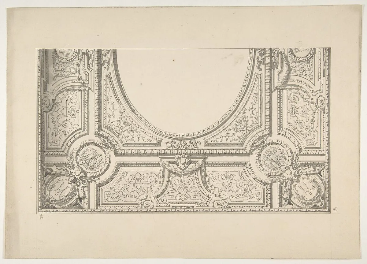 Design for the painted decoration of a ceiling with the monogram: M — Jules-Edmond-Charles Lachaise|Eugène-Pierre Gourdet