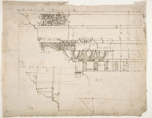Arco dei Pantani, Forum of Augustus, cornice, elevation; schematic elevation (recto) Temple of Apollo Sosiano, column base, elevation (verso)