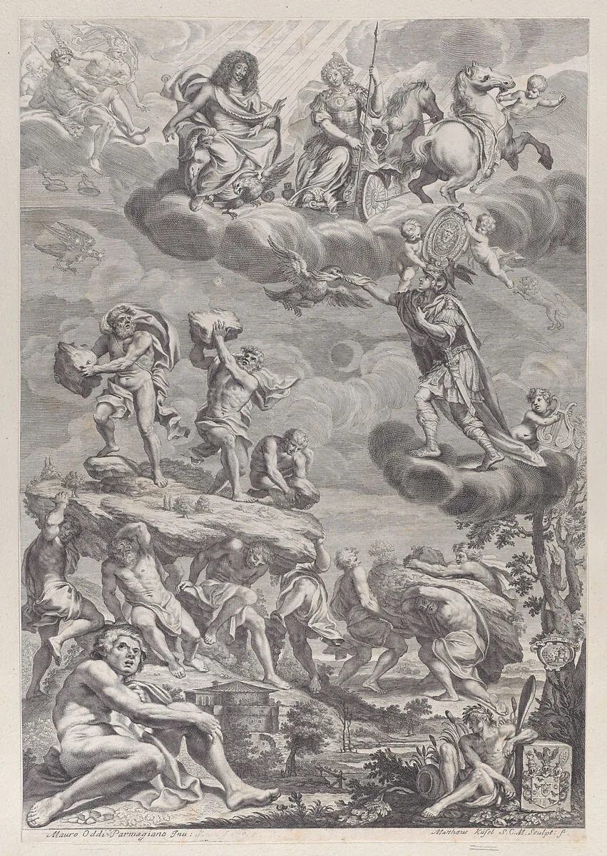 Leopold I of Austria as Jupiter with his wife enthroned in the clouds, looking down on the struggling giants below — Mathäus Küsel|Mauro Oddi