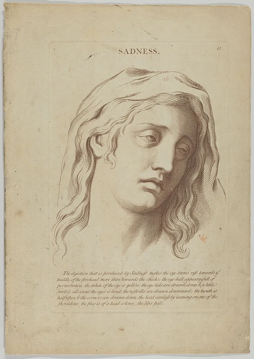 Sadness (from "Heads Representing the Various Passions of the Soul; as they are Expressed in the Human Countenance: Drawn by that Great Master Monsieur Le Brun") — Charles Le Brun|Robert Sayer|Anonymous, British, 18th century