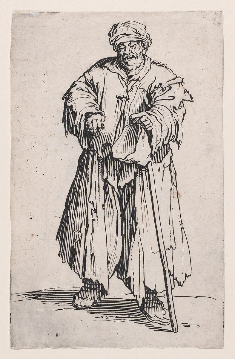 Le Mendiant Obèse aux Yeux Baissés (The Obese Beggar with Lowered Eyes), from Les Gueux suite appelée aussi Les Mendiants, Les Baroni, ou Les Barons (The Beggars, also called the Barons) — Jacques Callot