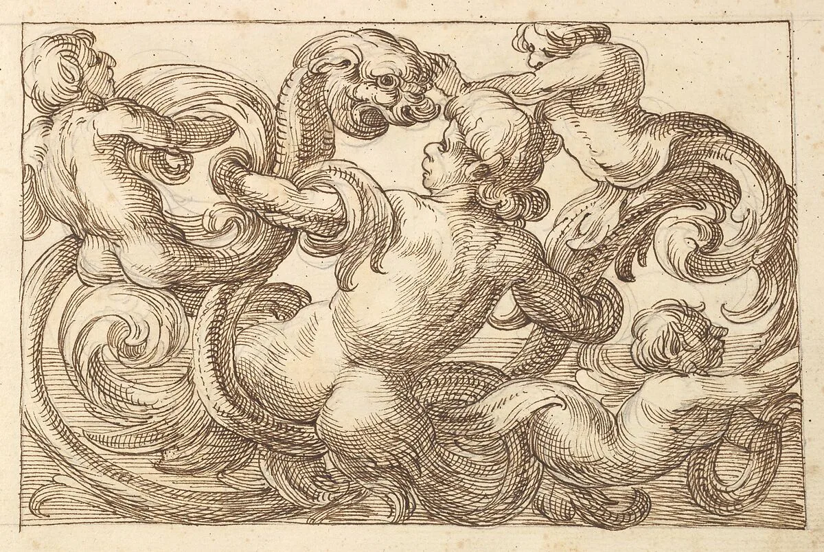 Horizontal Panel Design with Four Hybrid Male Figures and a Fantastical Creature Interspersed between Acanthus Rinceaux — Polifilo Giancarli|Anonymous, Italian, Venetian, 17th century
